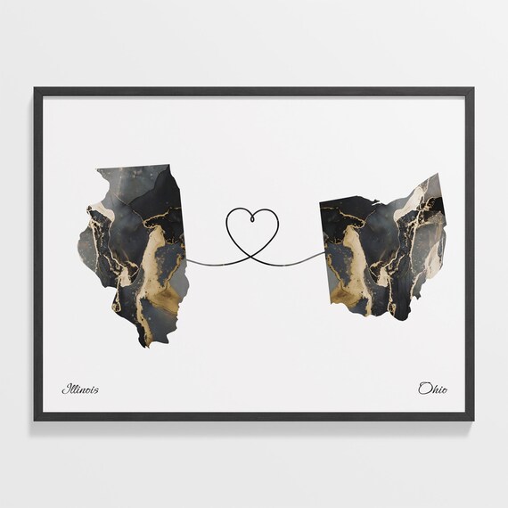 Illinois to Ohio Marble Heart Connection Gold Black Map Poster