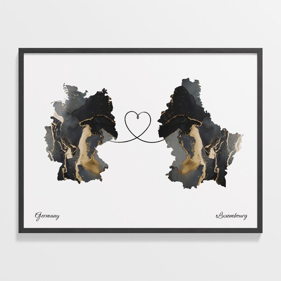 Germany to Luxembourg Black Gold Marble Heart Map Art Wall Poster