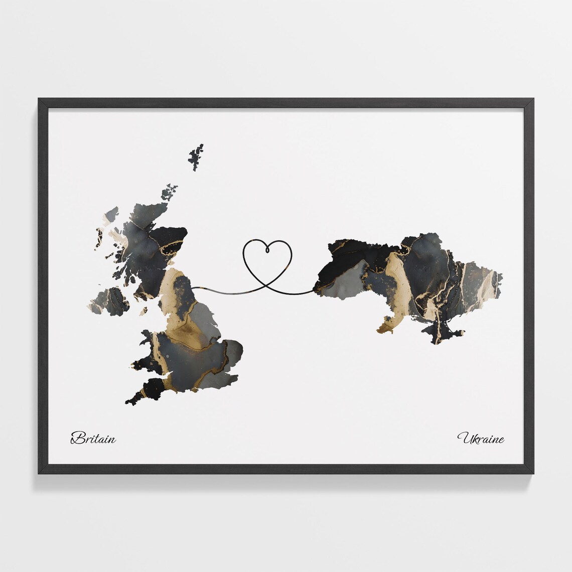 Britain and Ukraine Marble Map Heart Long Distance Connection Poster