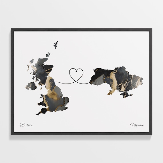 Britain and Ukraine Marble Map Heart Long Distance Connection Poster