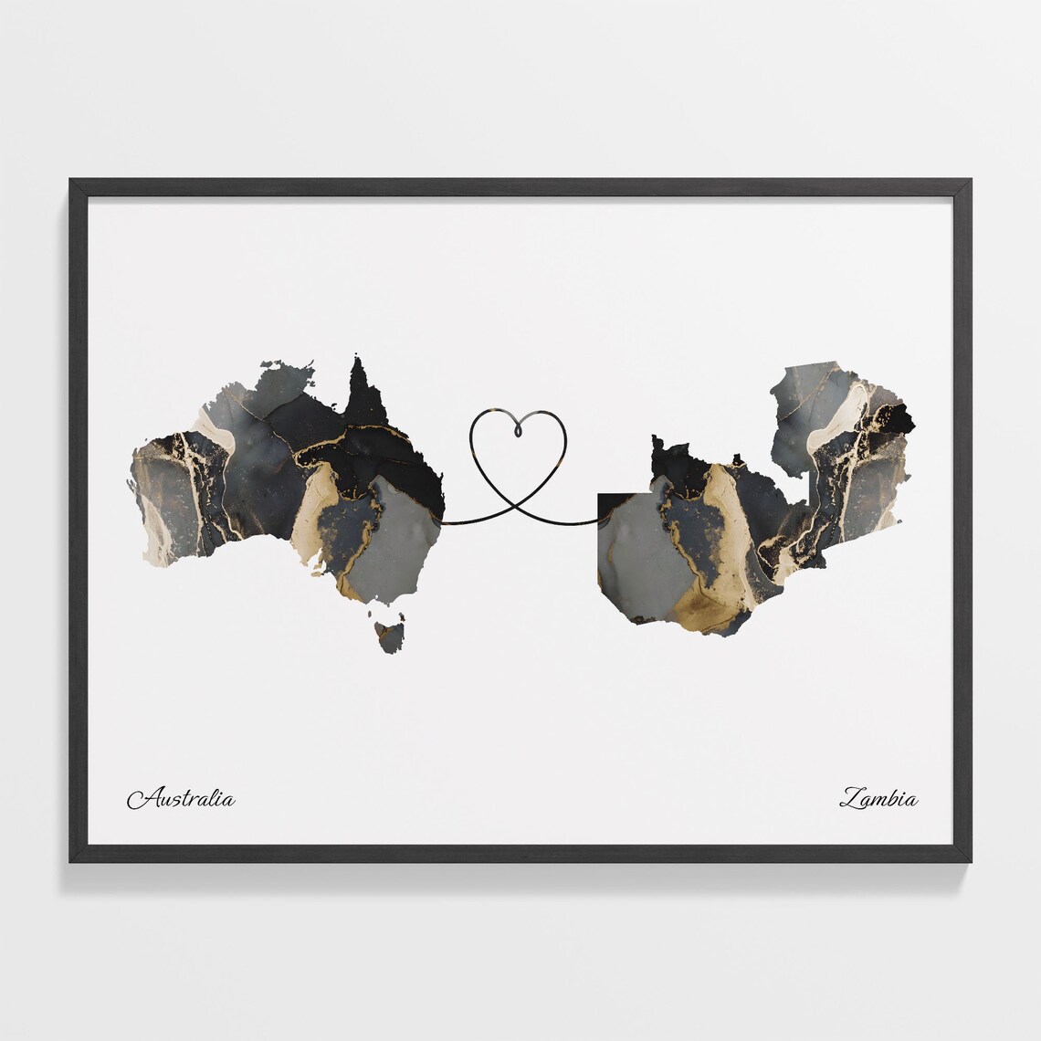 Australia Zambia Long Distance Love Heart Marble Map Gift Poster