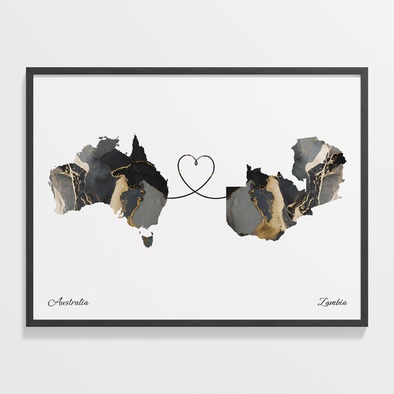 Australia Zambia Long Distance Love Heart Marble Map Gift Poster
