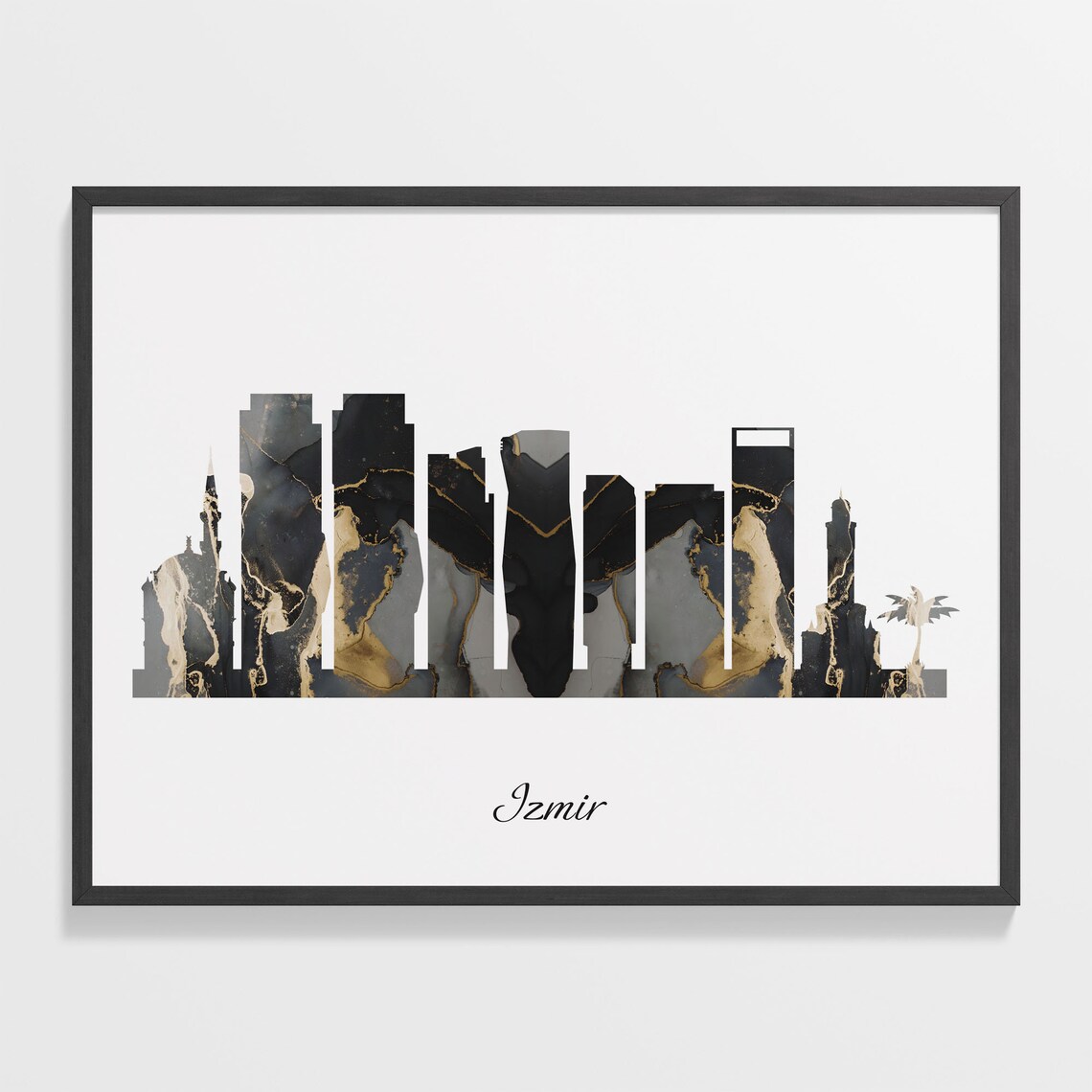 Izmir Turkey Marble Skyline Black Gold Minimalist Cityscape Poster