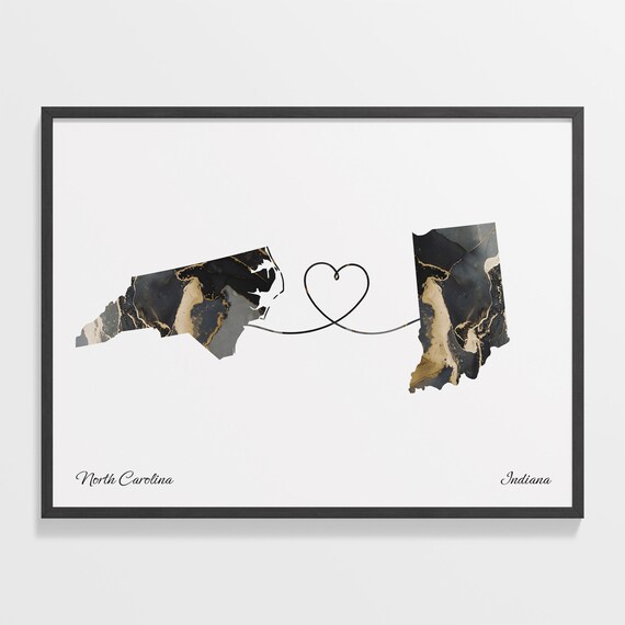 North Carolina to Indiana Two State Long Distance Heart Marble Map Poster