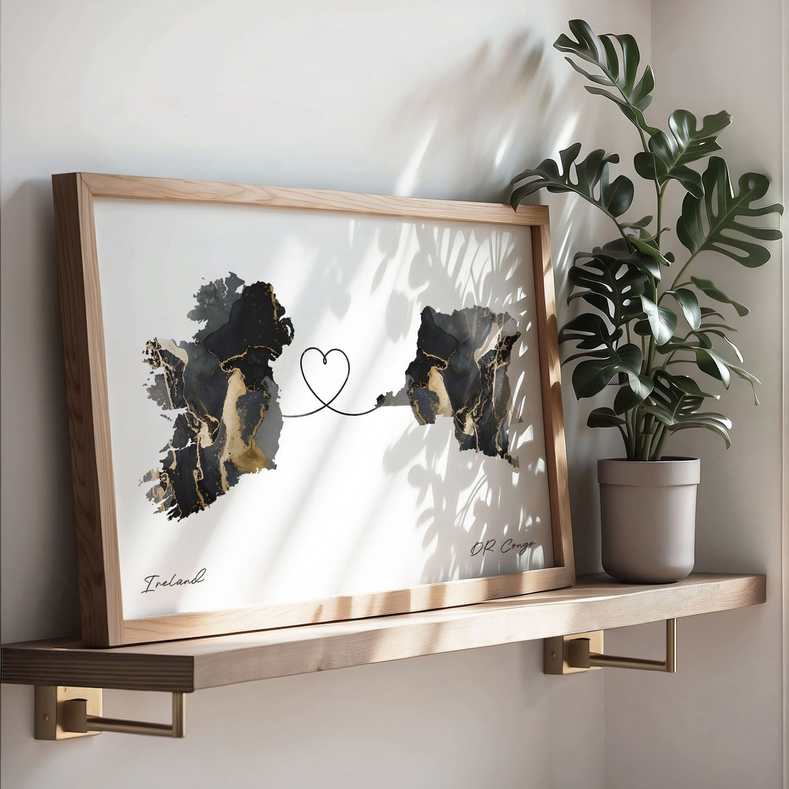 Ireland and DR Congo Black Gold Marble Map Heart Connection Poster - Image 3