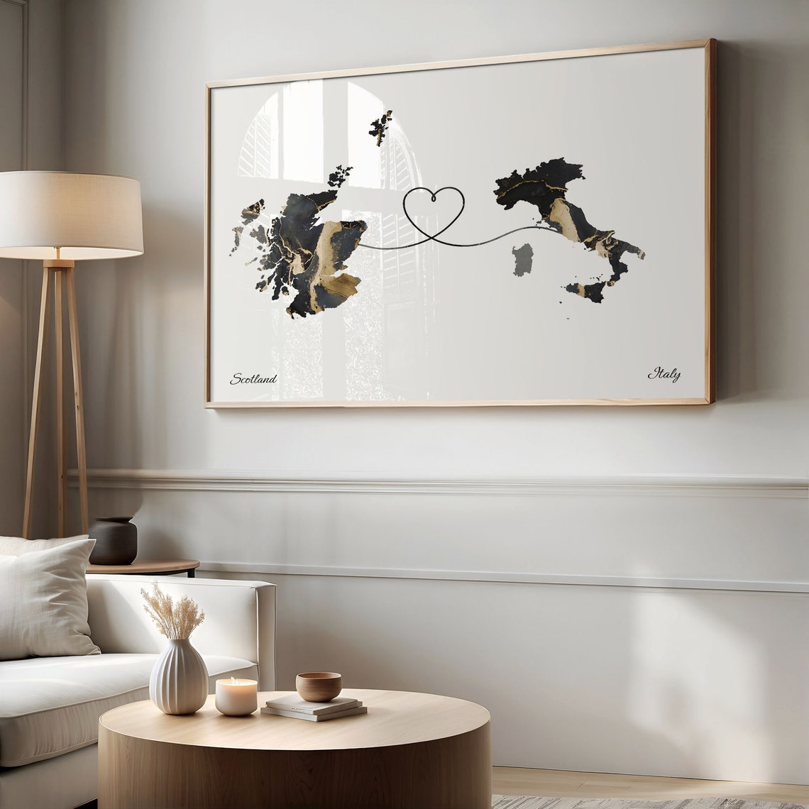Scotland Italy Long Distance Love Black Gold Marble Map Poster - Image 2