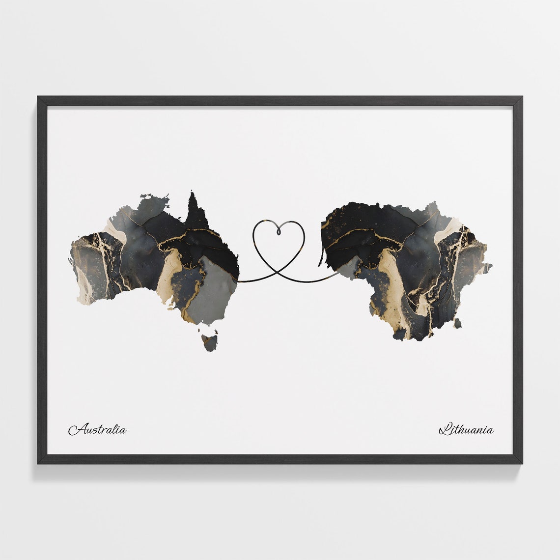 Australia and Lithuania Two Countries Black Gold Marble Map Poster