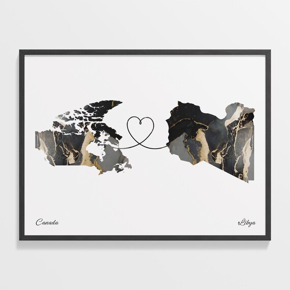 Canada and Libya Black and Gold Marble Heart Map Connection Poster