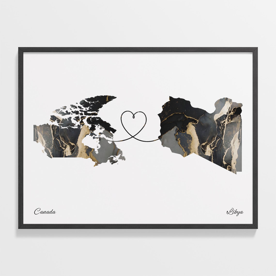 Canada and Libya Black and Gold Marble Heart Map Connection Poster