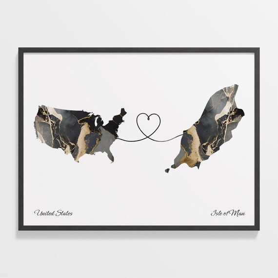 United States and Isle of Man Marble Map Heart Long Distance Poster
