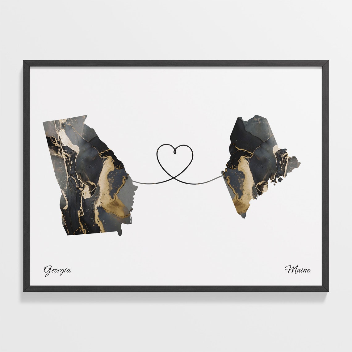 Georgia Maine Long Distance Love Black Gold Marble Map Poster