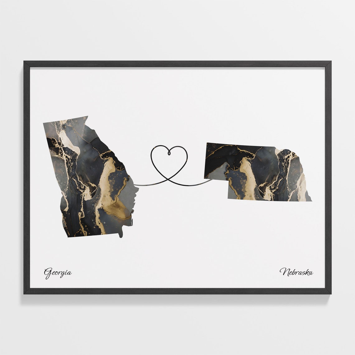 Georgia To Nebraska Heart Linked Marble Map Love Connection Poster