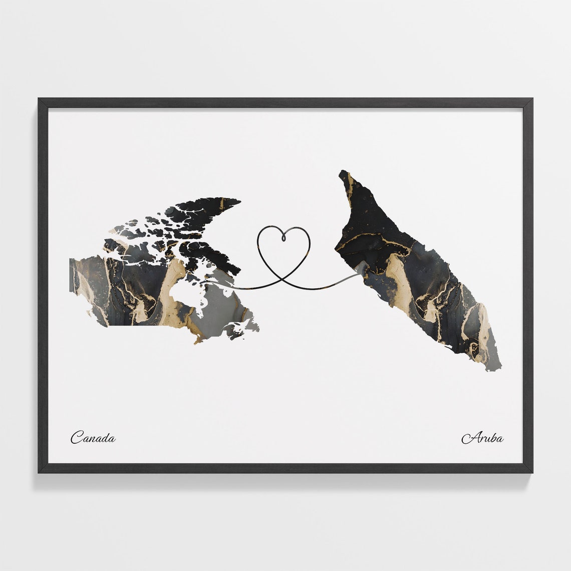 Canada Aruba Long Distance Love Black Marble Heart Map Poster