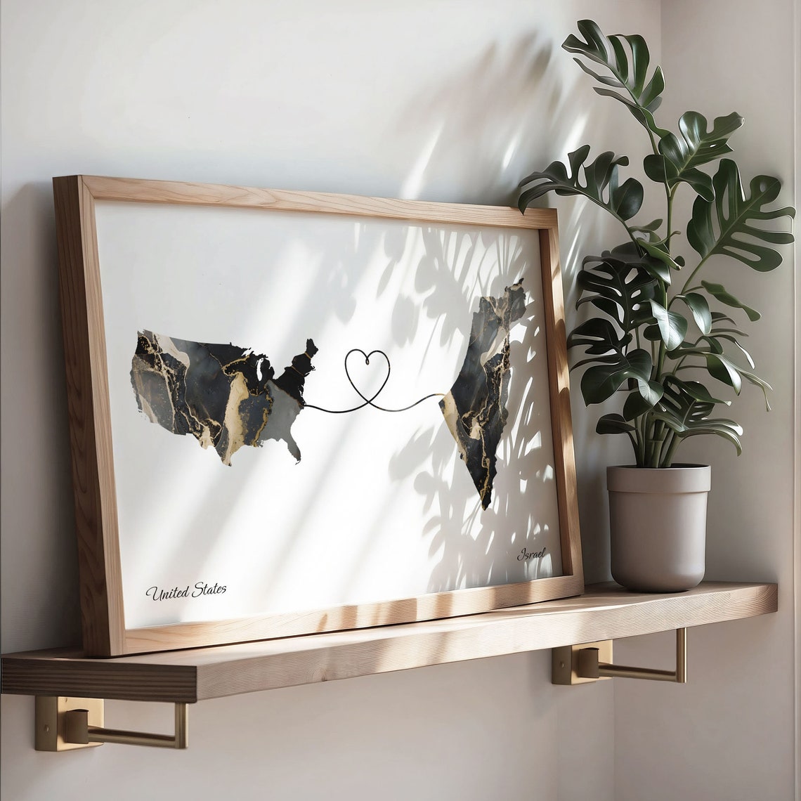 United States and Israel Black Marble Heart Connection Map Poster - Image 3