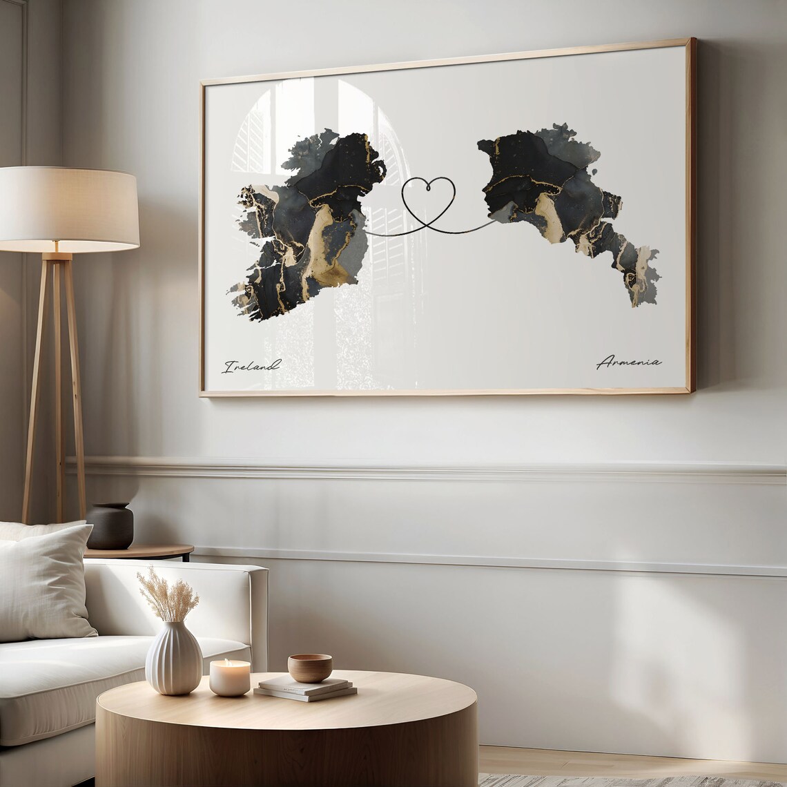 Ireland To Armenia Heart Connected Black Marble Country Map Poster - Image 2