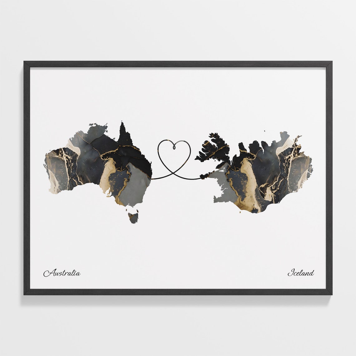 Australia and Iceland Two Countries Black Gold Marble Map Poster