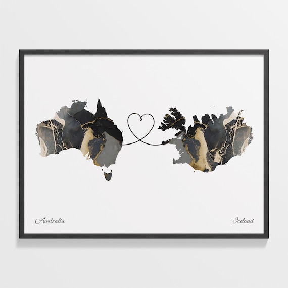 Australia and Iceland Two Countries Black Gold Marble Map Poster