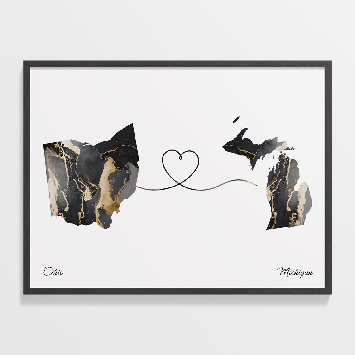 Ohio To Michigan Marble Map Heart Poster Long Distance Love Gift