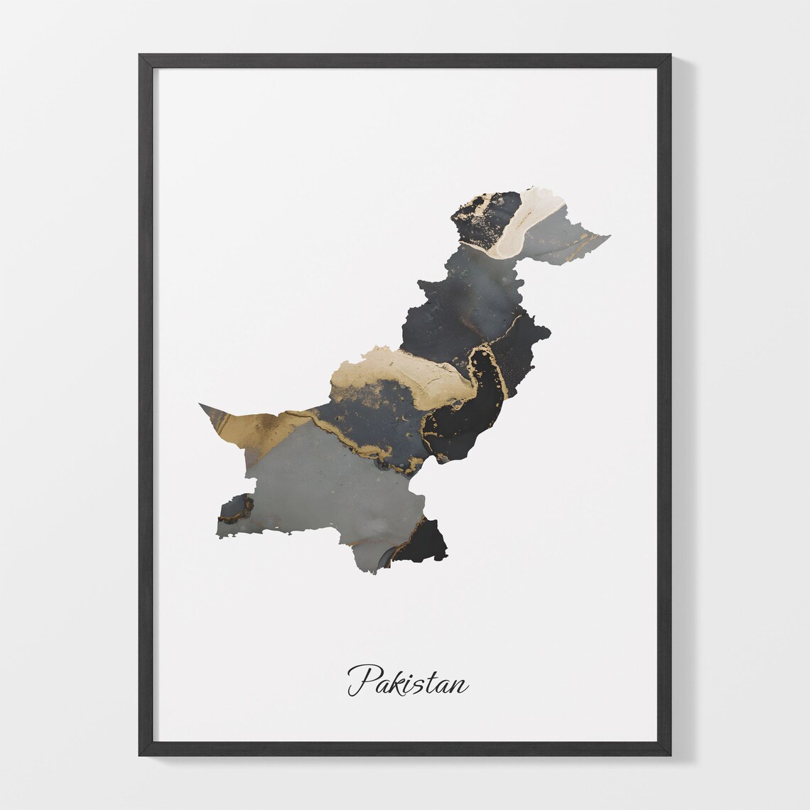 Pakistan Black and Gold Marble Silhouette Country Map Poster