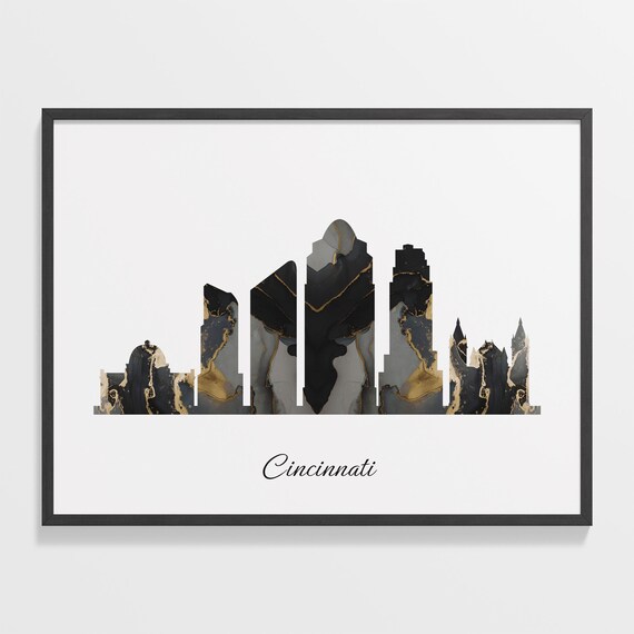 Cincinnati USA Marble Skyline Black Gold Minimalist Cityscape Poster