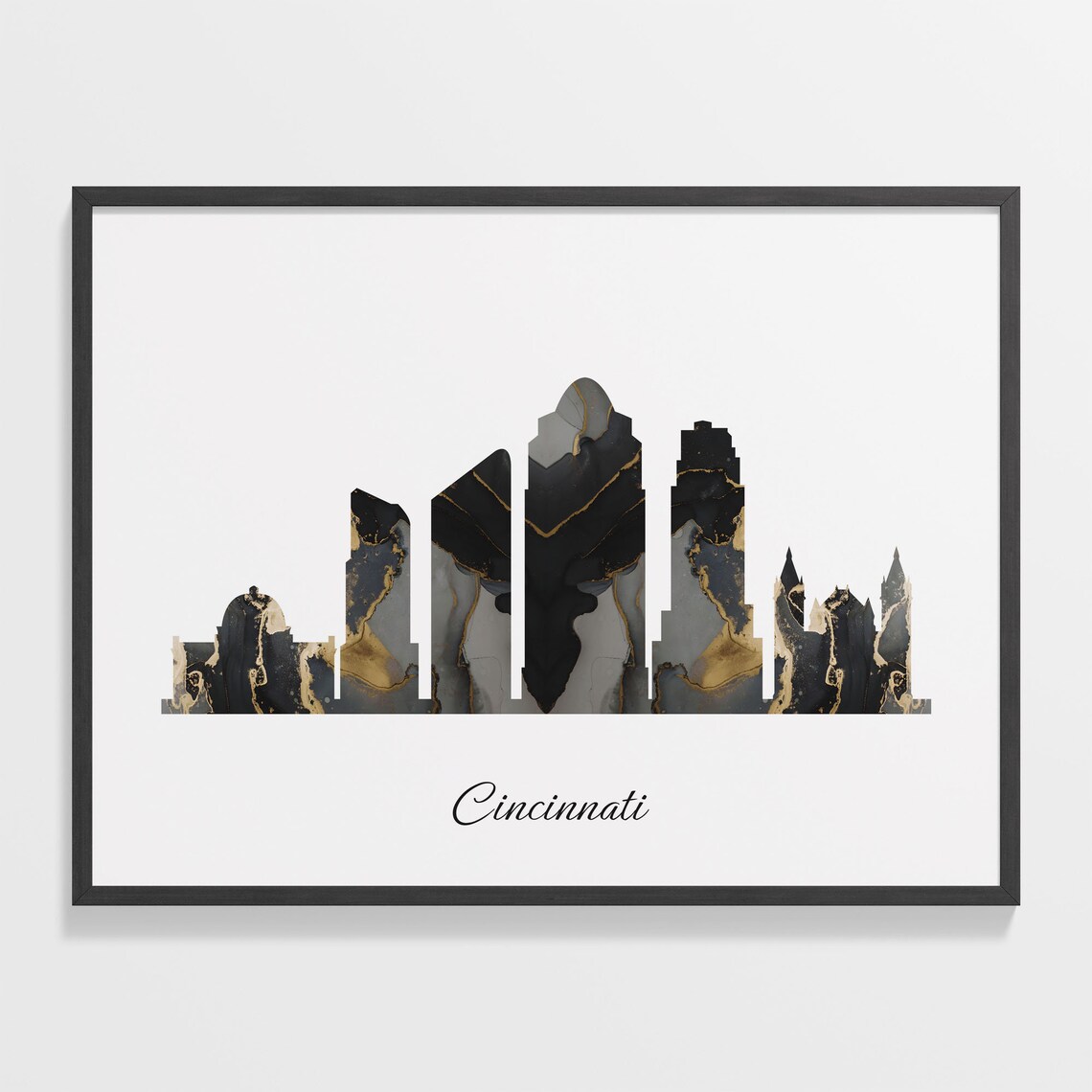 Cincinnati USA Marble Skyline Black Gold Minimalist Cityscape Poster