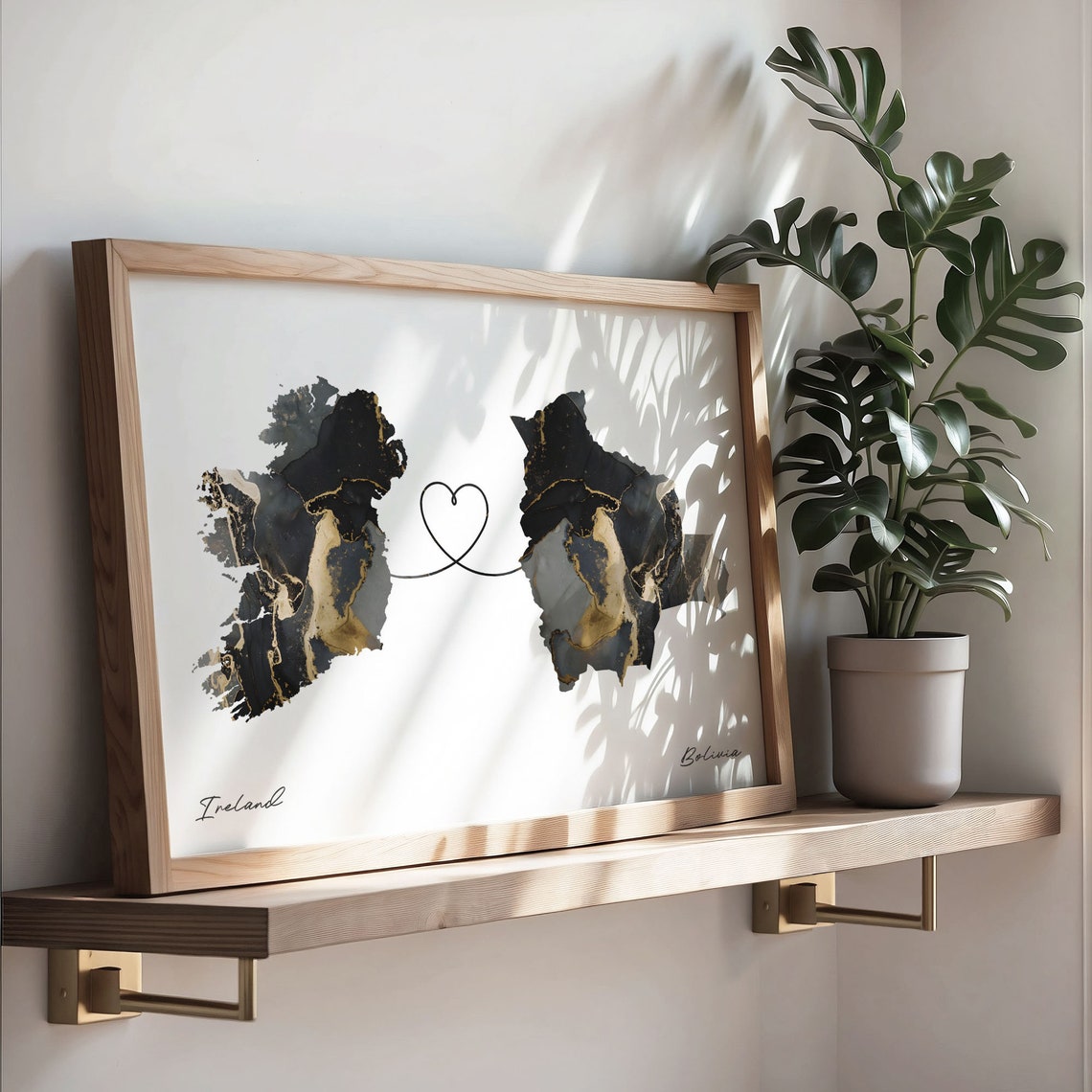 Ireland and Bolivia Black Gold Marble Map Heart Connection Poster - Image 3