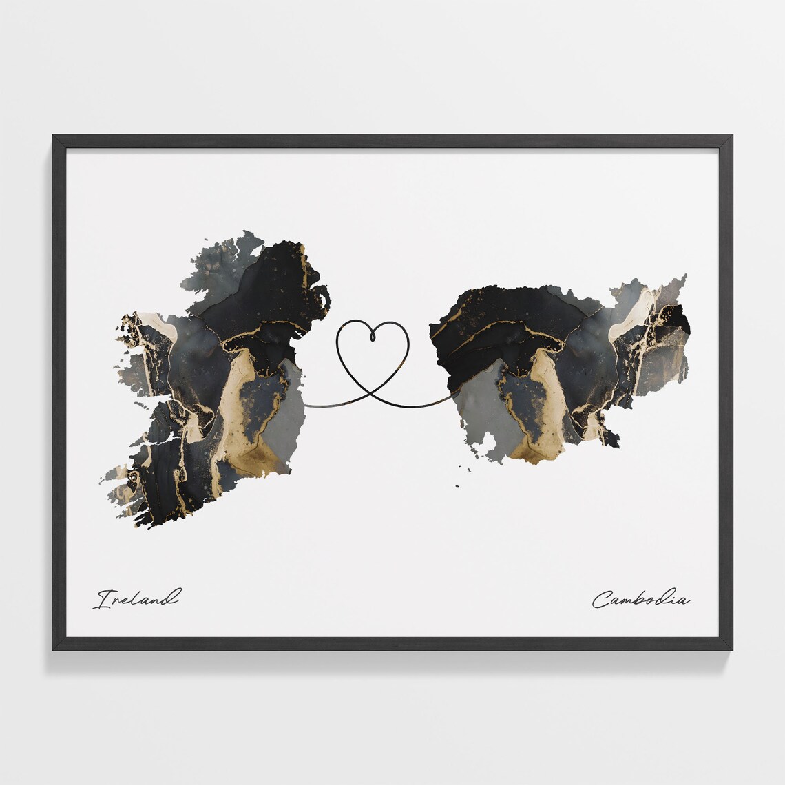 Ireland Cambodia Long Distance Love Heart Marble Map Gift Poster