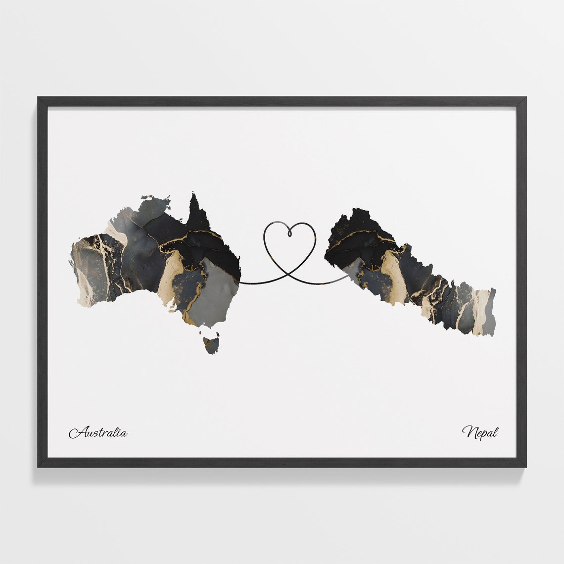 Australia To Nepal Heart Connected Black Marble Country Map Poster