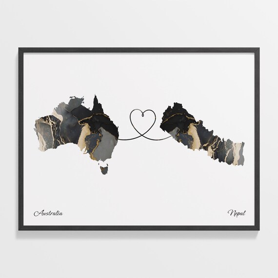 Australia To Nepal Heart Connected Black Marble Country Map Poster