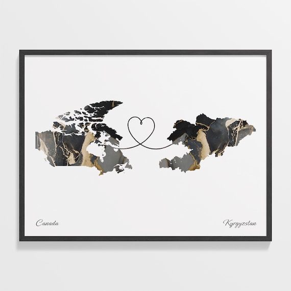 Canada To Kyrgyzstan Black Gold Marble Long Distance Heart Map Poster