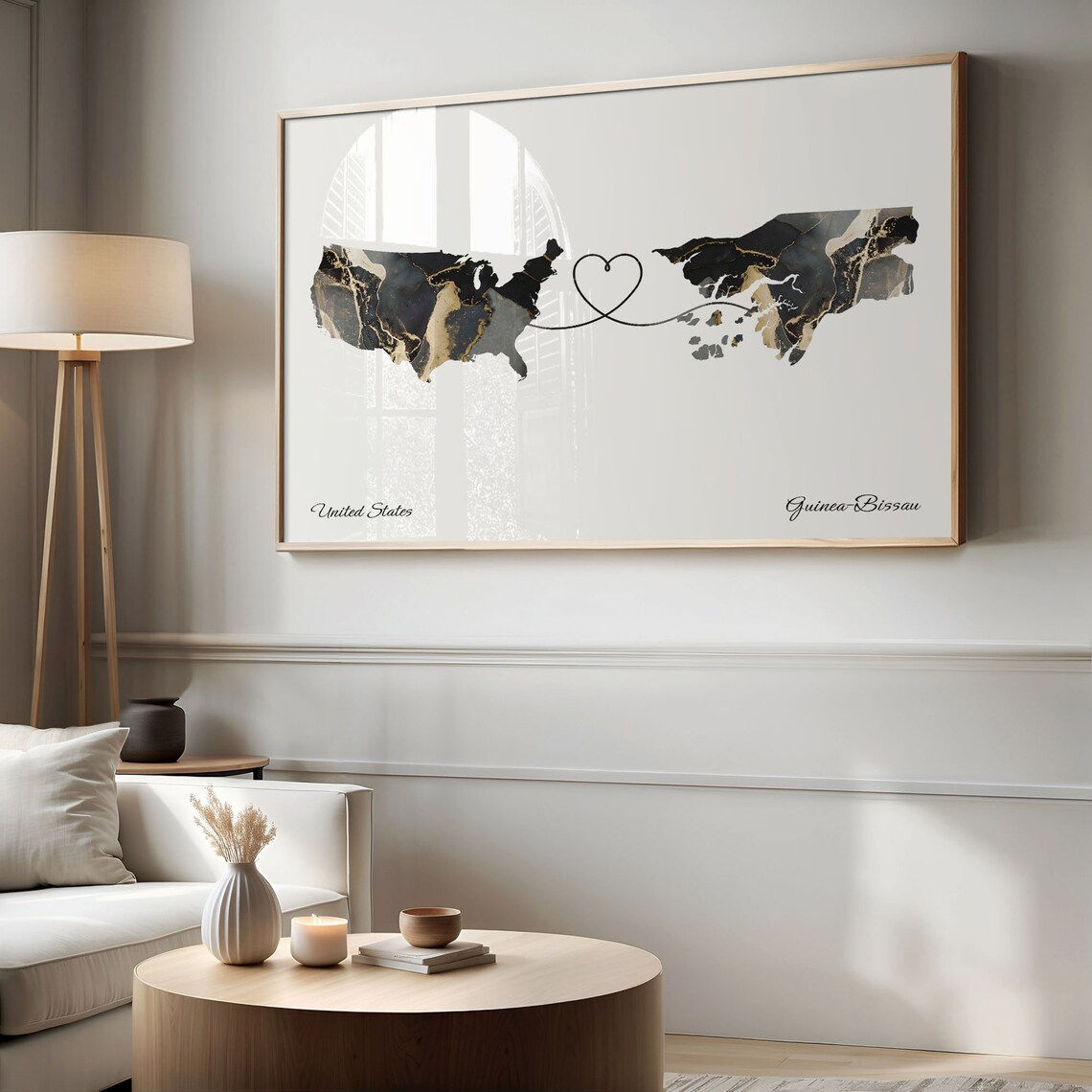 United States and Guinea-Bissau Marble Map Heart Long Distance Poster - Image 2