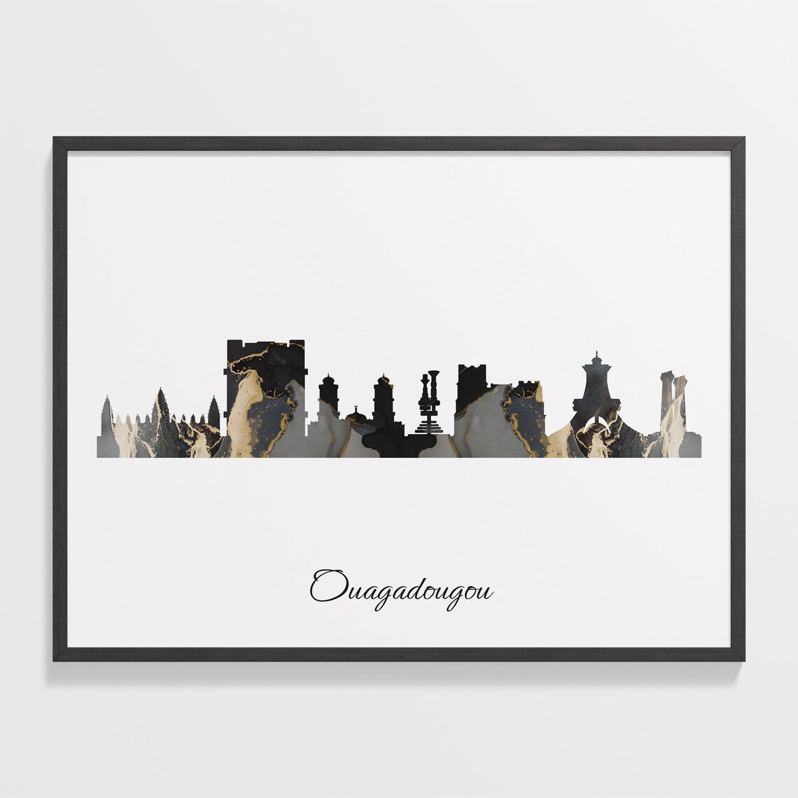 Ouagadougou Luxury Black Gold Marble City Skyline Silhouette Poster