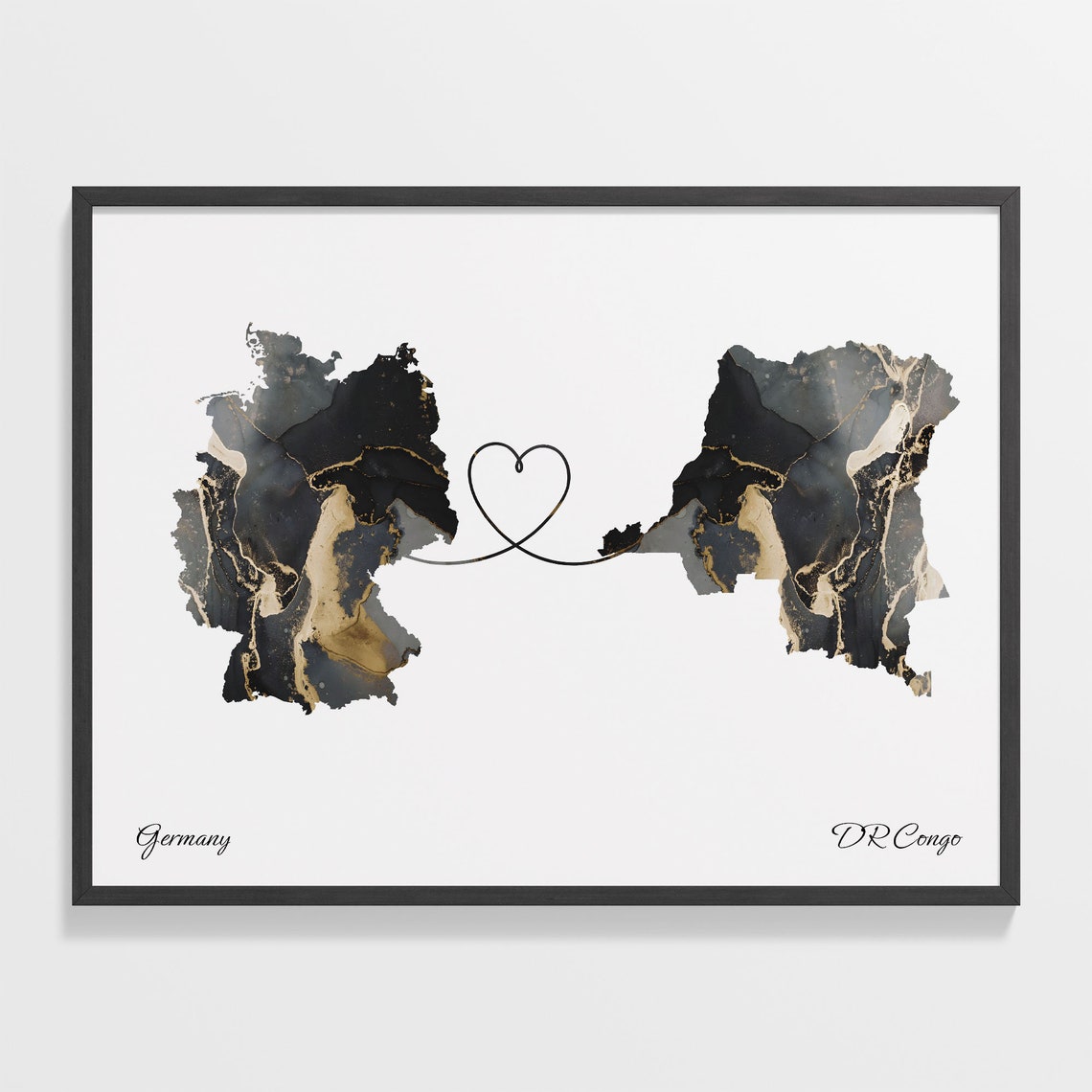 Germany and DR Congo Marble Heart Connected Countries Map Poster