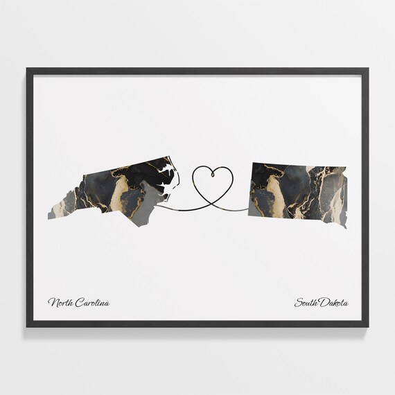 North Carolina South Dakota Long Distance Black Gold Marble Heart Map Poster