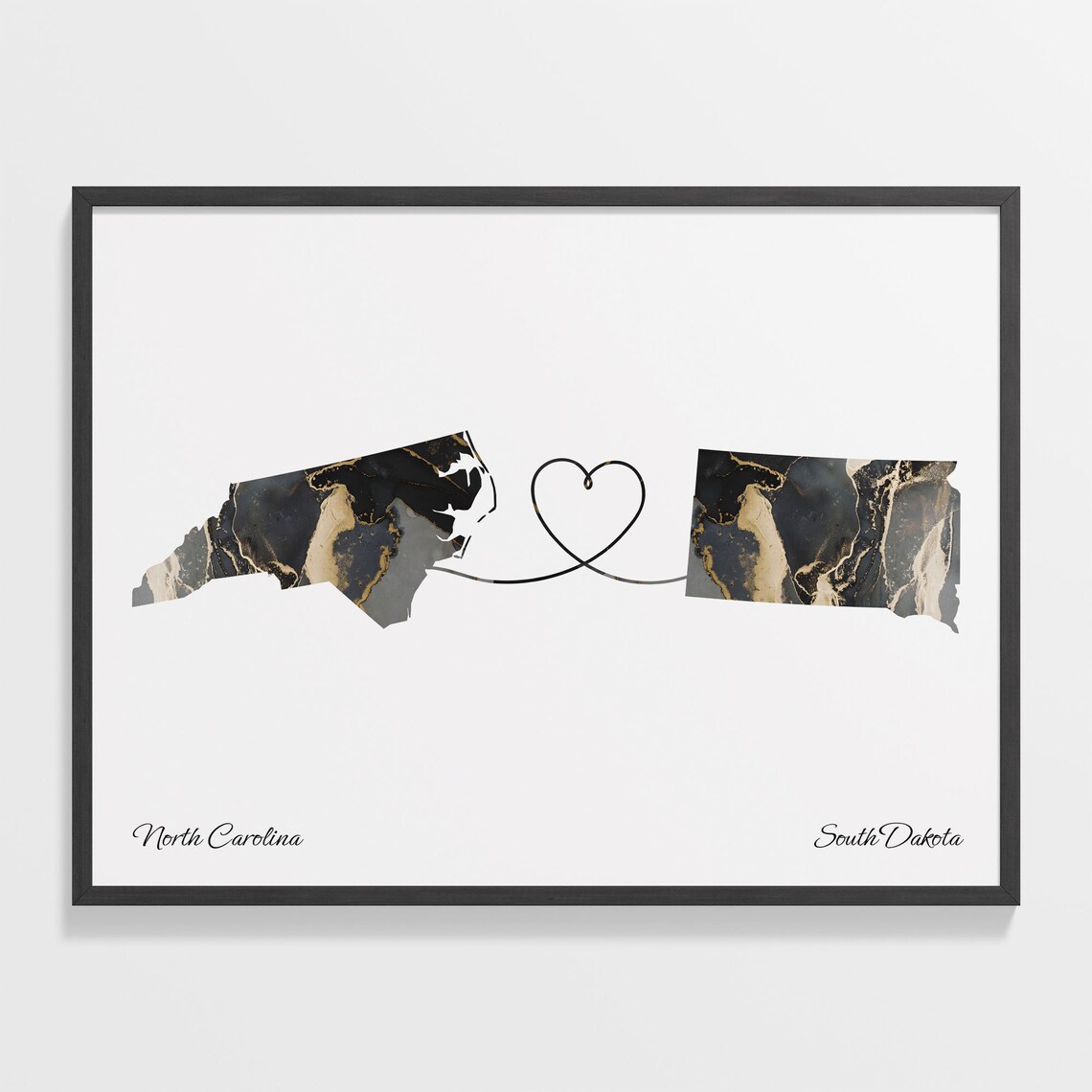 North Carolina South Dakota Long Distance Black Gold Marble Heart Map Poster