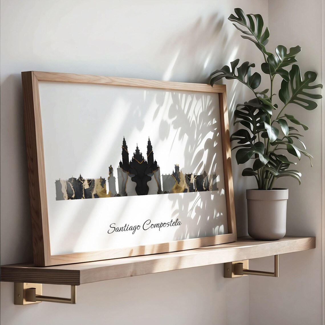 Santiago Compostela Skyline Black and Gold Marble Cityscape Art Poster - Image 3
