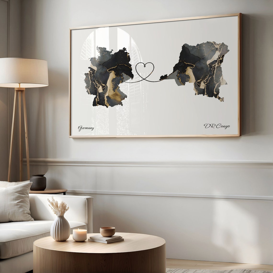 Germany and DR Congo Marble Heart Connected Countries Map Poster - Image 2