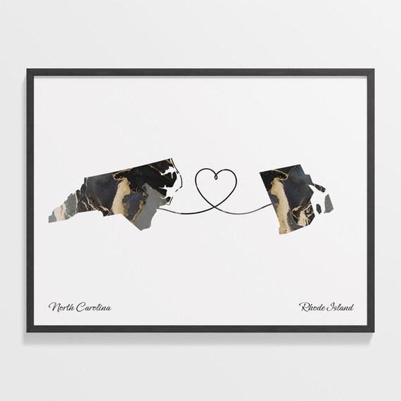 North Carolina Rhode Island Long Distance Black Gold Marble Heart Map Poster