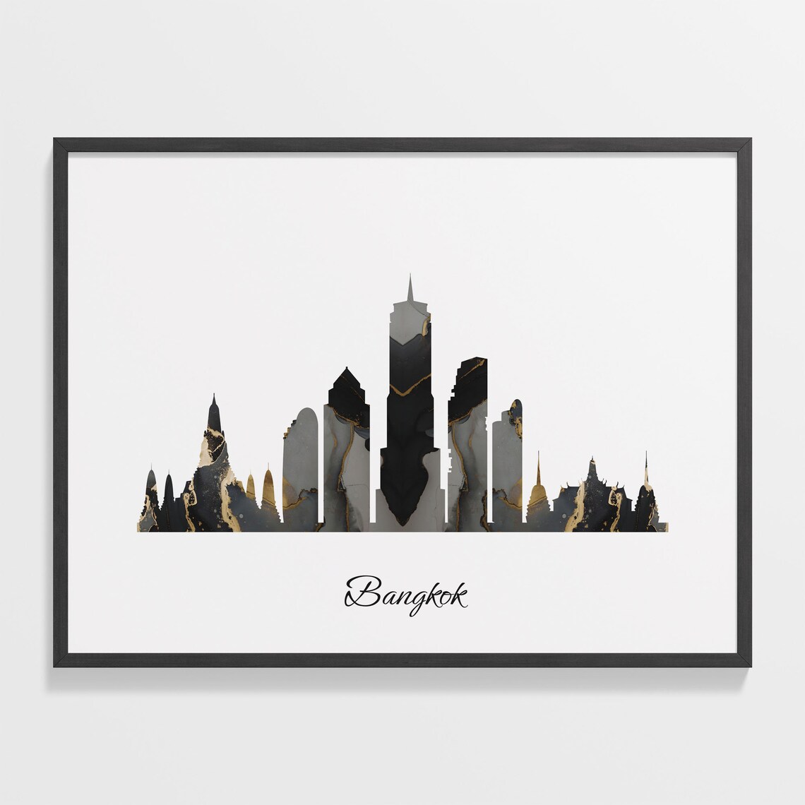 Bangkok Thailand Marble Skyline Black Gold Minimalist Cityscape Poster