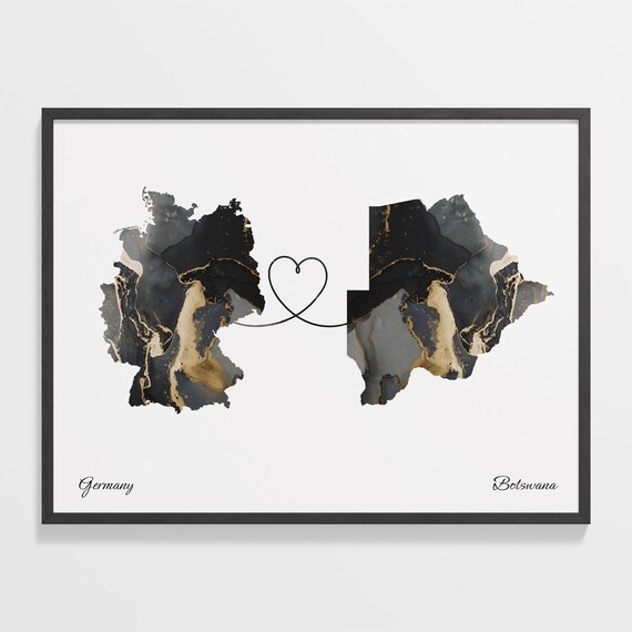Germany and Botswana Black Gold Marble Two Country Love Map Poster