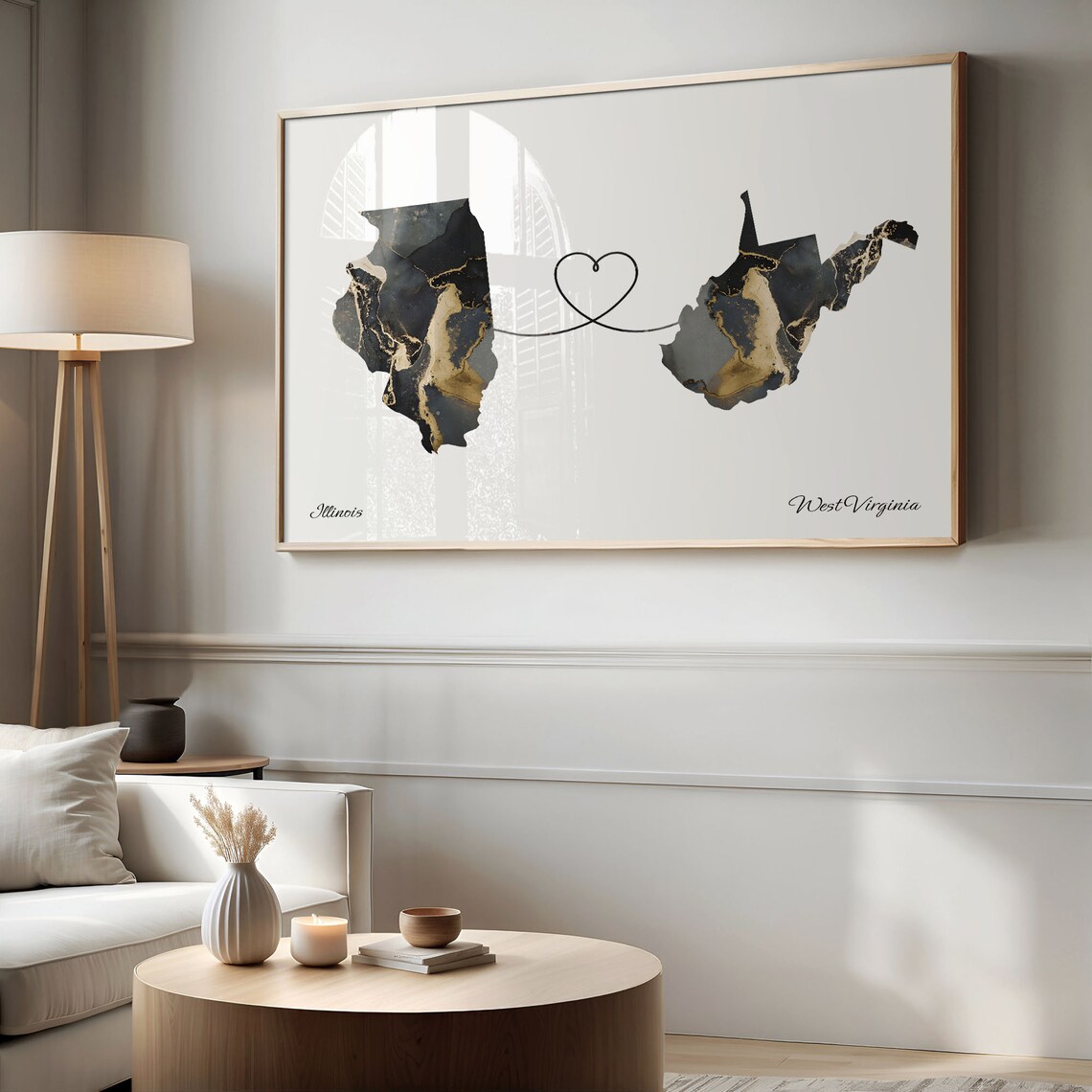 Illinois to West Virginia Black Gold Marble Map Heart Connection Poster - Image 2