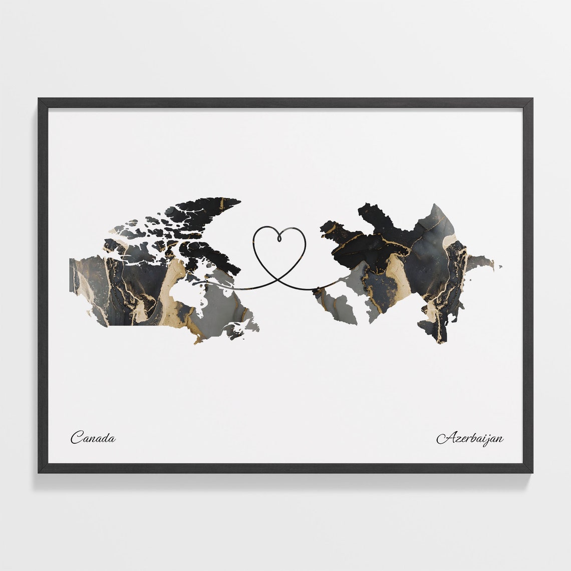 Canada Azerbaijan Long Distance Love Black Marble Heart Map Poster