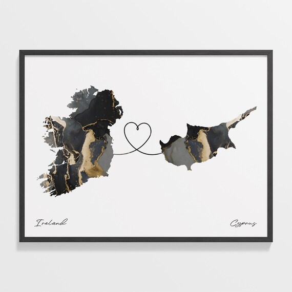 Ireland Cyprus Long Distance Love Heart Marble Map Gift Poster
