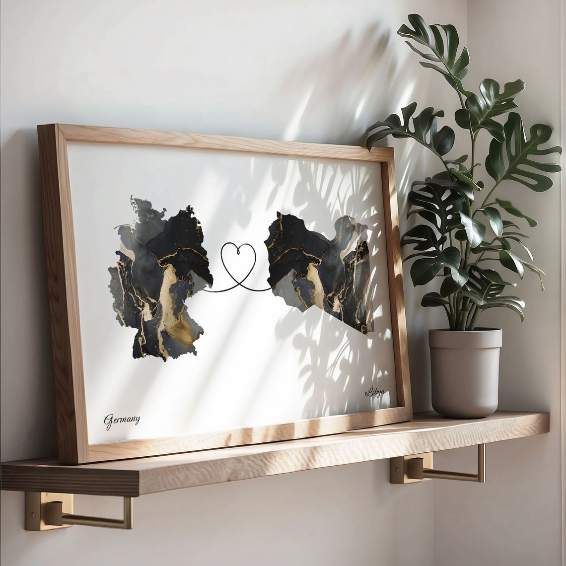 Germany to Libya Black Gold Marble Heart Map Art Wall Poster - Image 3