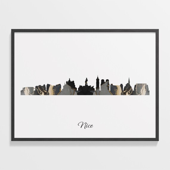 Nice France Black Gold Marble Skyline Silhouette Cityscape Poster