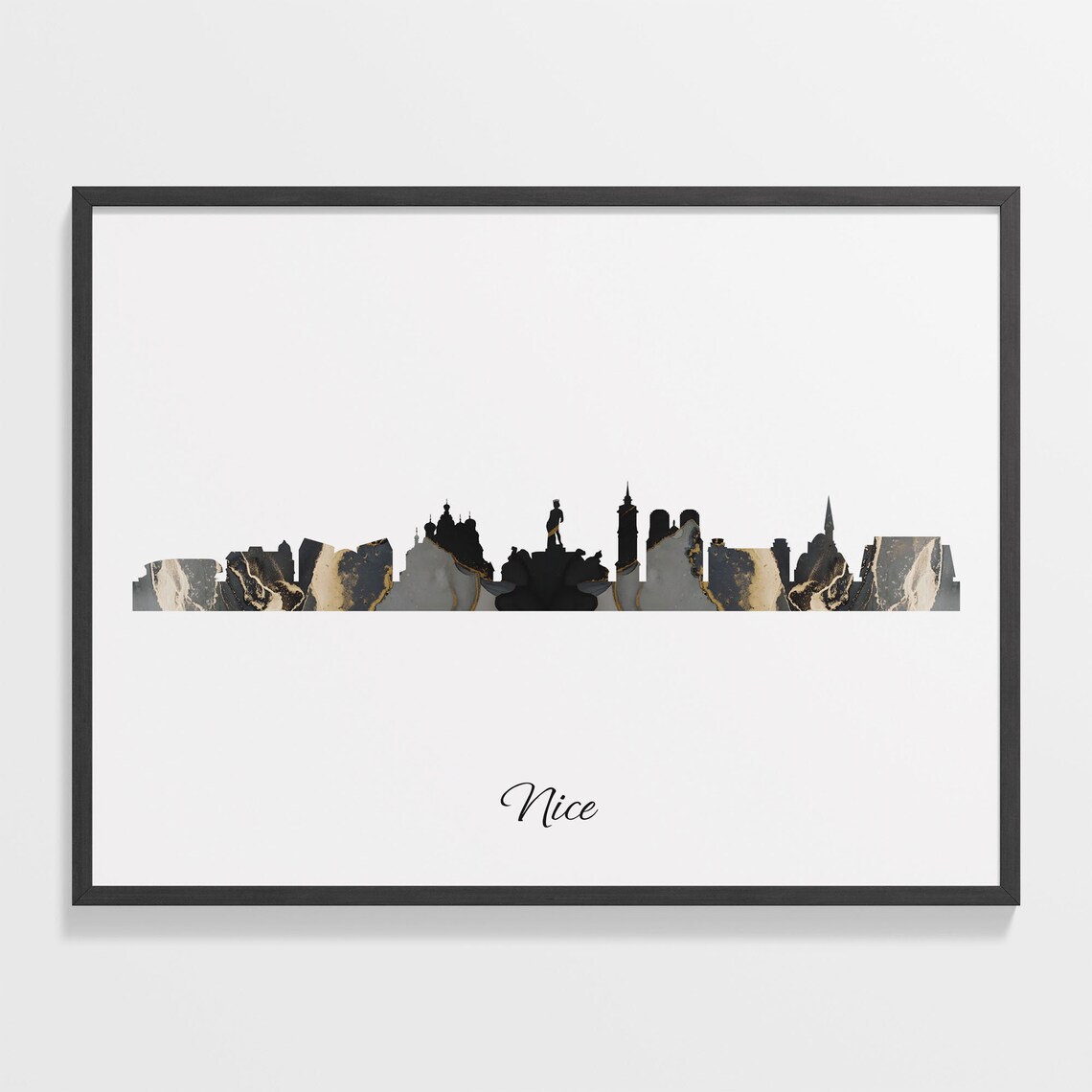 Nice France Black Gold Marble Skyline Silhouette Cityscape Poster