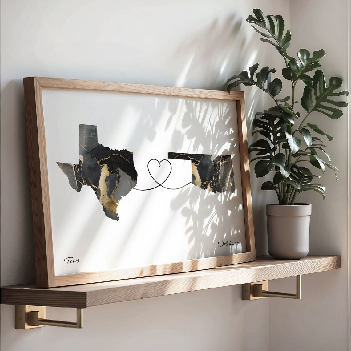 Texas Oklahoma Long Distance Love Black Marble Heart Map Poster - Image 3