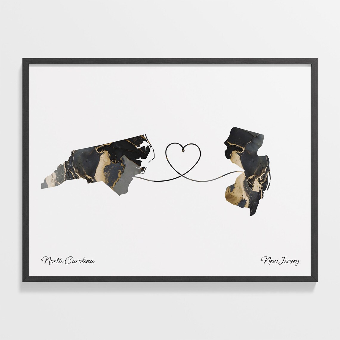 North Carolina New Jersey Long Distance Black Gold Marble Heart Map Poster