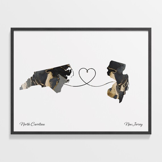 North Carolina New Jersey Long Distance Black Gold Marble Heart Map Poster