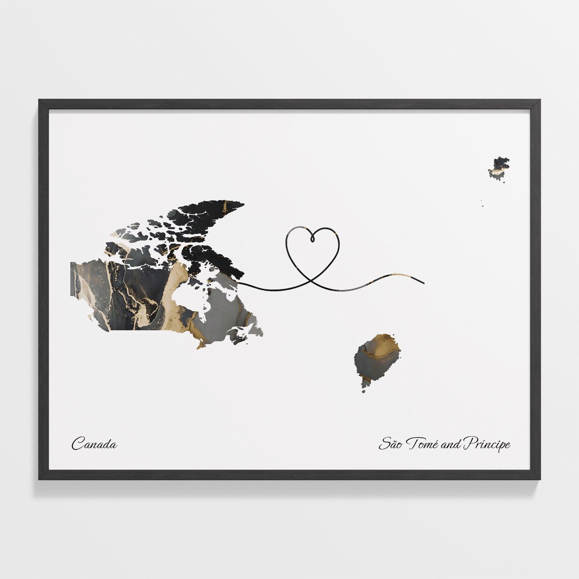 Canada to São Tomé and Príncipe Black Gold Marble Heart Connection Map Poster